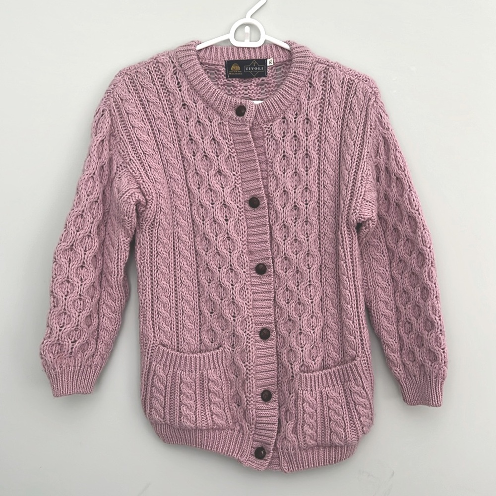Women’s Girls Tivoli Aran Wool Cable Knit Cardigan Lilac Women’s XS Girls XL